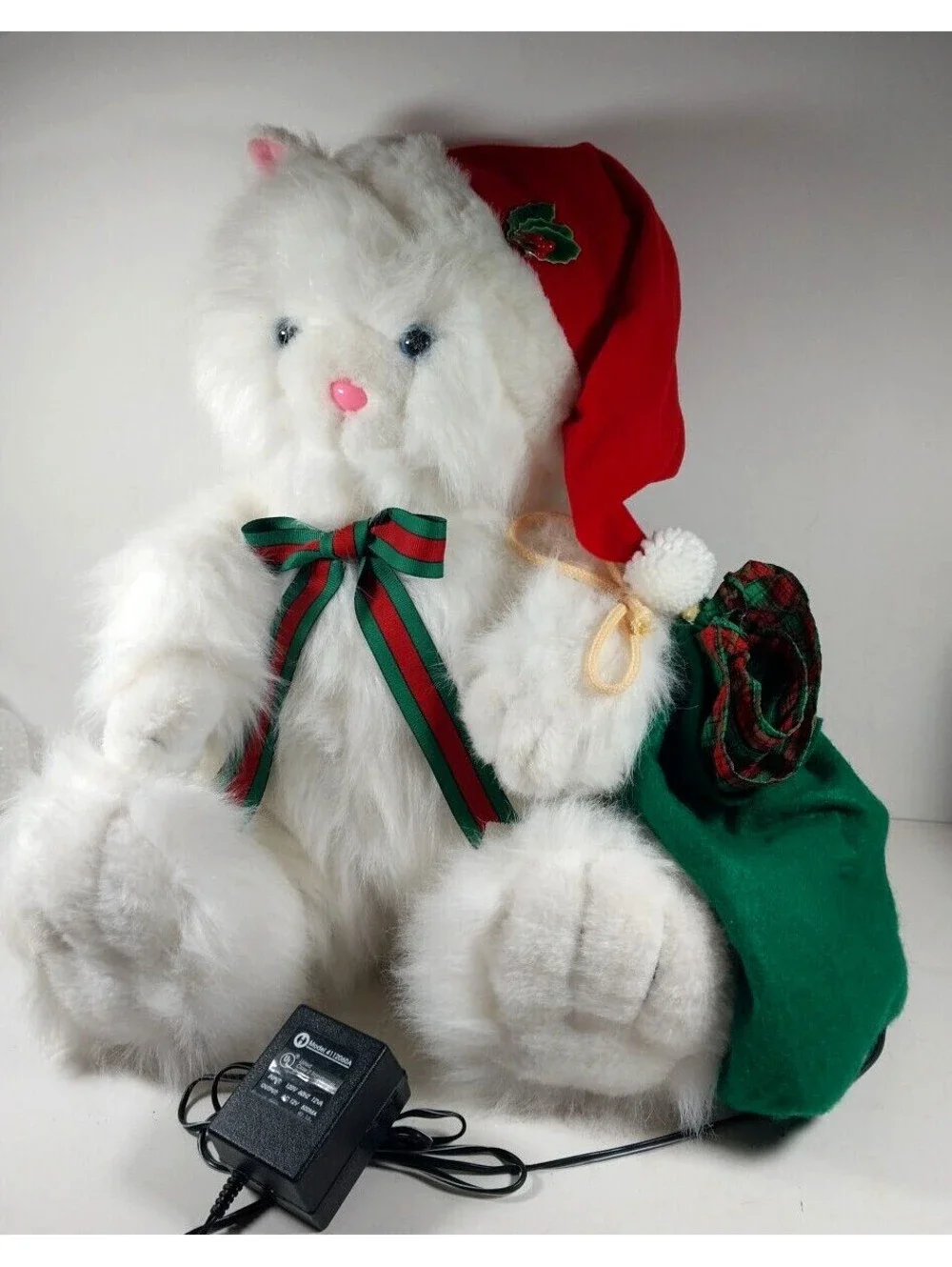 Vintage Santas Best Animated Motion Plush Christmas White fur CAT 16” 1993 WORKS